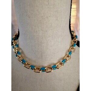 J.Crew Enamel & Gold Chain Linked Necklace Statement Turquoise Gold Plated NWT